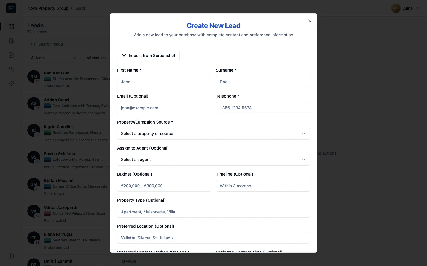 The Create New Lead dialog