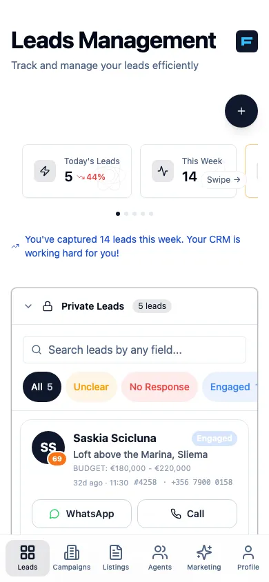 The leads workspace on a phone