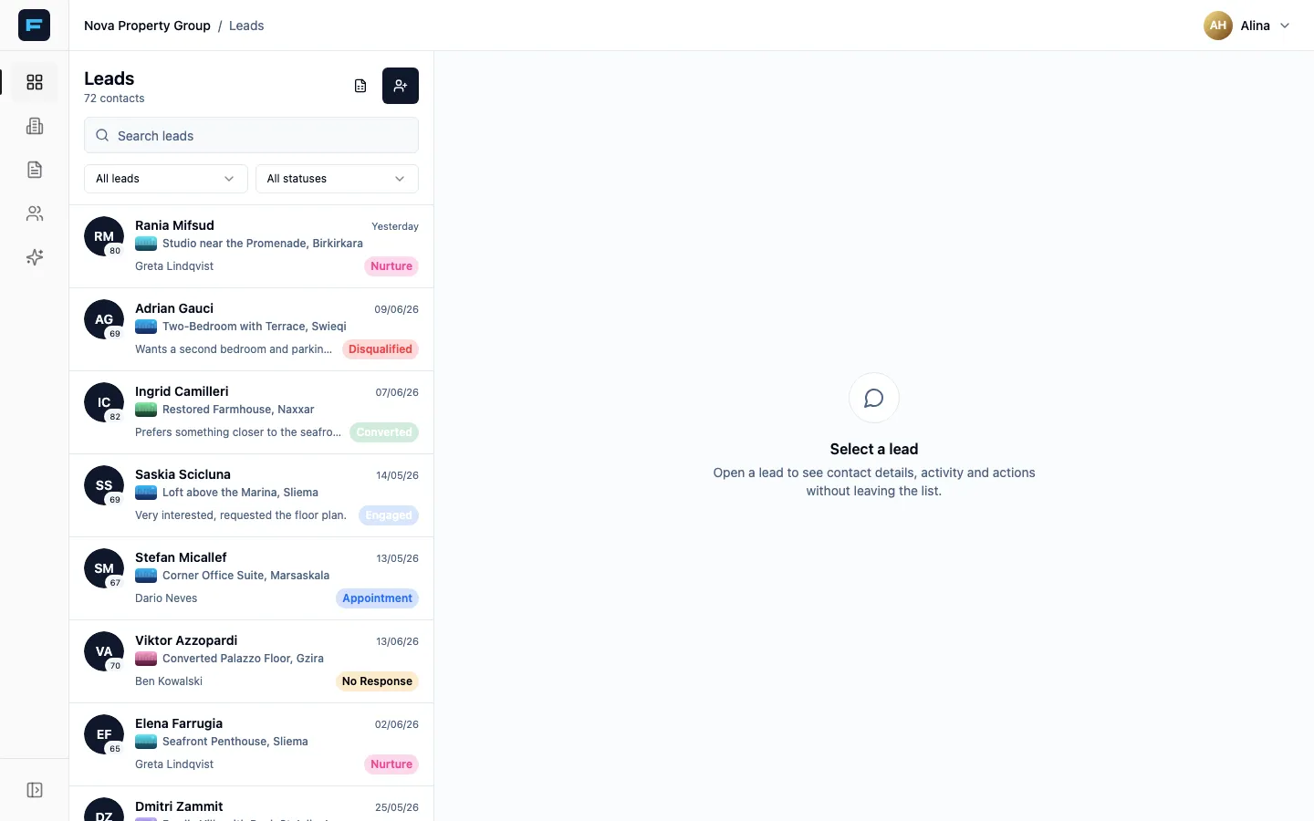 The Formule leads workspace, with the lead list on the left and an open lead on the right