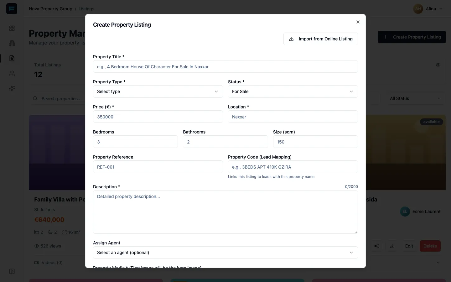The Create Property Listing form
